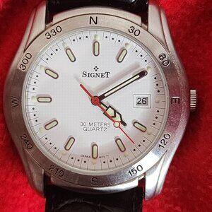 Signet Vntg Stainless Steel Lume Dial Date 30 Meters Quartz Speidel Backed Watch